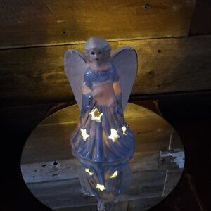Ceramic Glazed Angel Playing Harp Tea Light Holder - Handpainted